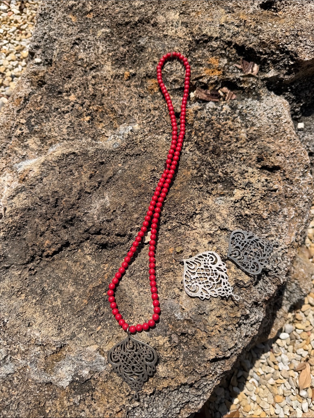 Lucky Brand Red Beaded Pendant Necklace with Filigree Charm
